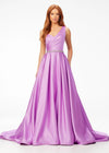ASHLEYlauren 11075 lilac heavy satin ball gown featuring a one shoulder design, sweetheart neckline, beaded waistband, and an elegant A-line silhouette for a standout look.