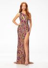 ASHLEYlauren 11202 Fully Sequin One-Shoulder Gown with Asymmetrical Keyhole Neckline, Multi-Colored Dimensional Floral Motif, and Left Leg Slit