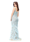 Back - Ice Blue ASHLEYlauren 11279 fitted gown featuring a deep illusion V-neckline, fully hand-beaded design, and feather accents throughout the skirt.