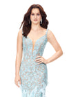 Close Up - Ice Blue ASHLEYlauren 11279 fitted gown featuring a deep illusion V-neckline, fully hand-beaded design, and feather accents throughout the skirt.