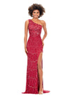 ASHLEYlauren 11284 Red One Shoulder Fully Beaded Gown with Peacock Bead Pattern, Asymmetrical Lace Up Back, Left Leg Slit, and Sweep Train