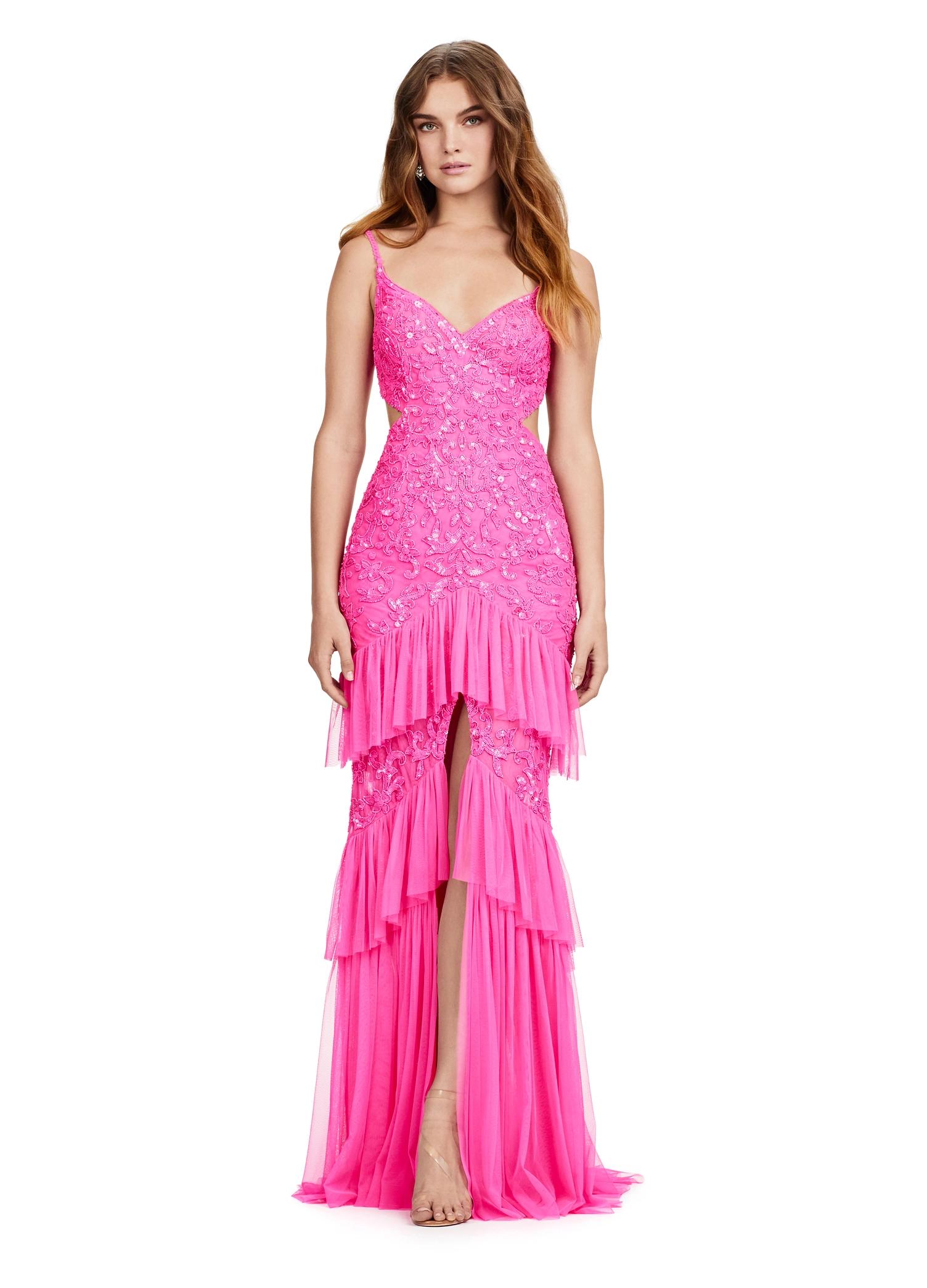 blush beige dress ASHLEYlauren 11437 Fully Beaded Ruffle Tulle Gown