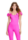 ASHLEYlauren 11439 bright pink off shoulder scuba jumpsuit with oversized bow sleeves