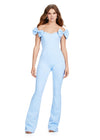 ASHLEYlauren 11439 light blue off shoulder scuba jumpsuit with oversized bow sleeves