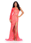 ASHLEYlauren 11442 coral one shoulder sequin gown with open back and thigh-high slit