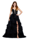 ASHLEYlauren 11446 black tulle gown with ruffled A-line skirt, corset bustier, deep illusion V-neckline, and leg slit