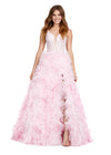ASHLEYlauren 11446 blush pink tulle gown with ruffled A-line skirt, corset bustier, deep illusion V-neckline, and leg slit