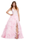 ASHLEYlauren 11446 blush pink tulle gown with ruffled A-line skirt, corset bustier, deep illusion V-neckline, and leg slit