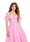 ASHLEYlauren 11447 pink A-line gown with beaded corset bustier, feather off shoulder straps, exposed boning, and lace appliqué