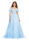 ASHLEYlauren 11447 sky A-line gown with beaded corset bustier, feather off shoulder straps, exposed boning, and lace appliqué