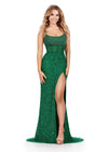 ASHLEYlauren 11448 emerald fully beaded gown with spaghetti straps, corset bodice, thigh-high slit, and lace up back