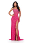 ASHLEYlauren 11448 fuchsia fully beaded gown with spaghetti straps, corset bodice, thigh-high slit, and lace up back