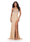 ASHLEYlauren 11448 gold fully beaded gown with spaghetti straps, corset bodice, thigh-high slit, and lace up back
