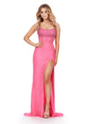 ASHLEYlauren 11448 hot pink fully beaded gown with spaghetti straps, corset bodice, thigh-high slit, and lace up back