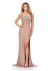 ASHLEYlauren 11448 nude fully beaded gown with spaghetti straps, corset bodice, thigh-high slit, and lace up back