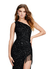 ASHLEYlauren 11449 black one shoulder beaded gown with fringe-trimmed slit and lace up back