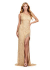 ASHLEYlauren 11449 gold one shoulder beaded gown with fringe-trimmed slit and lace up back