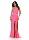 ASHLEYlauren 11449 hot pink one shoulder beaded gown with fringe-trimmed slit and lace up back