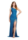 ASHLEYlauren 11449 peacock one shoulder beaded gown with fringe-trimmed slit and lace up back