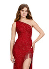 ASHLEYlauren 11449 red one shoulder beaded gown with fringe-trimmed slit and lace up back