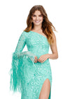 Front. ASHLEYlauren 11452 aqua one shoulder fully beaded gown with feather bell sleeve, left leg slit, and sweep train