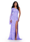 ASHLEYlauren 11452 lilac one shoulder fully beaded gown with feather bell sleeve, left leg slit, and sweep train