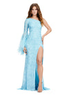 ASHLEYlauren 11452 sky one shoulder fully beaded gown with feather bell sleeve, left leg slit, and sweep train