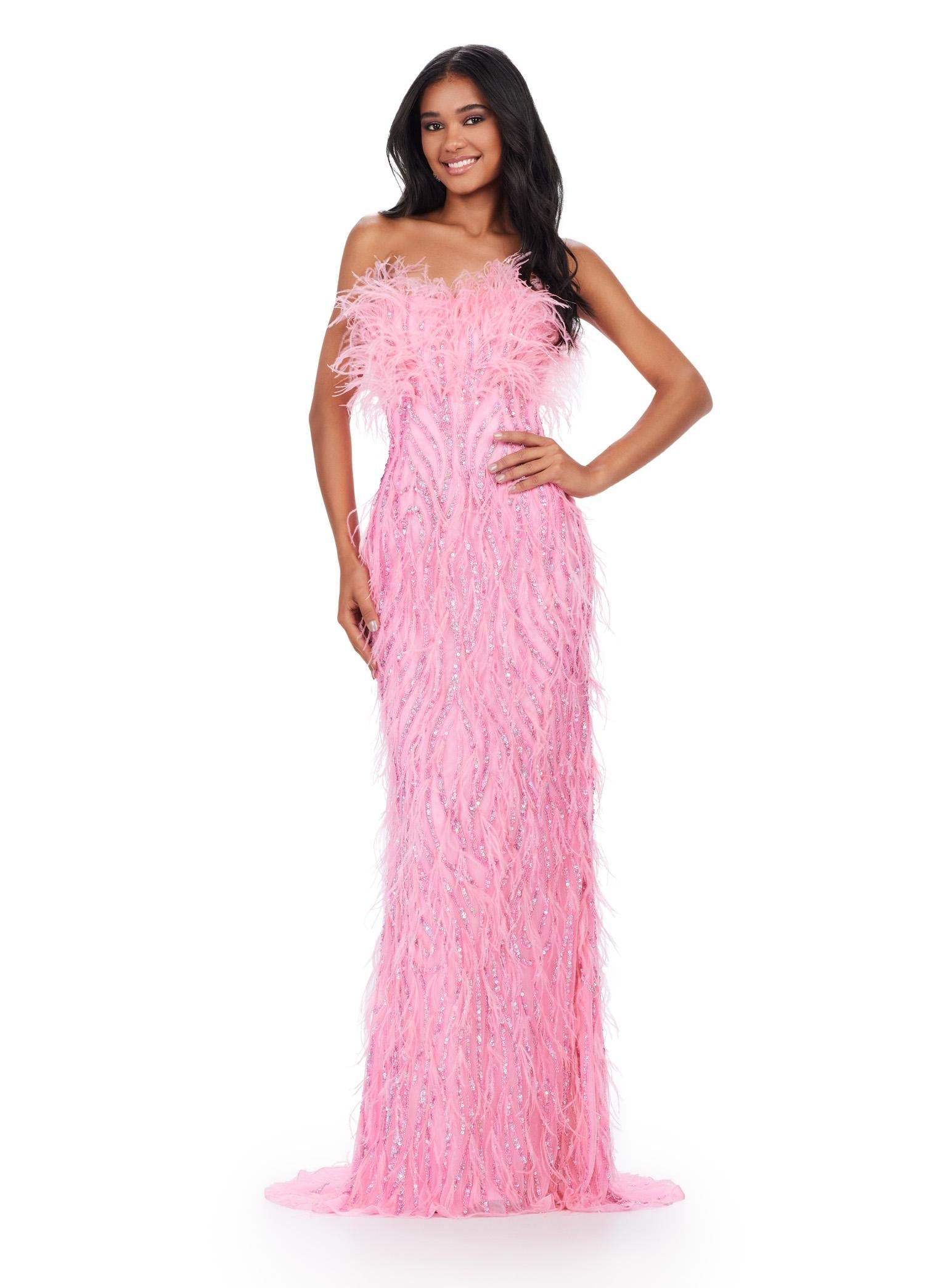 ASHLEYlauren 11453 pink strapless beaded gown with feather detailing and fitted silhouette