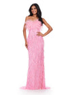 ASHLEYlauren 11453 pink strapless beaded gown with feather detailing and fitted silhouette