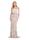 ASHLEYlauren 11453 silver strapless beaded gown with feather detailing and fitted silhouette