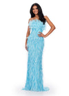 ASHLEYlauren 11453 sky strapless beaded gown with feather detailing and fitted silhouette