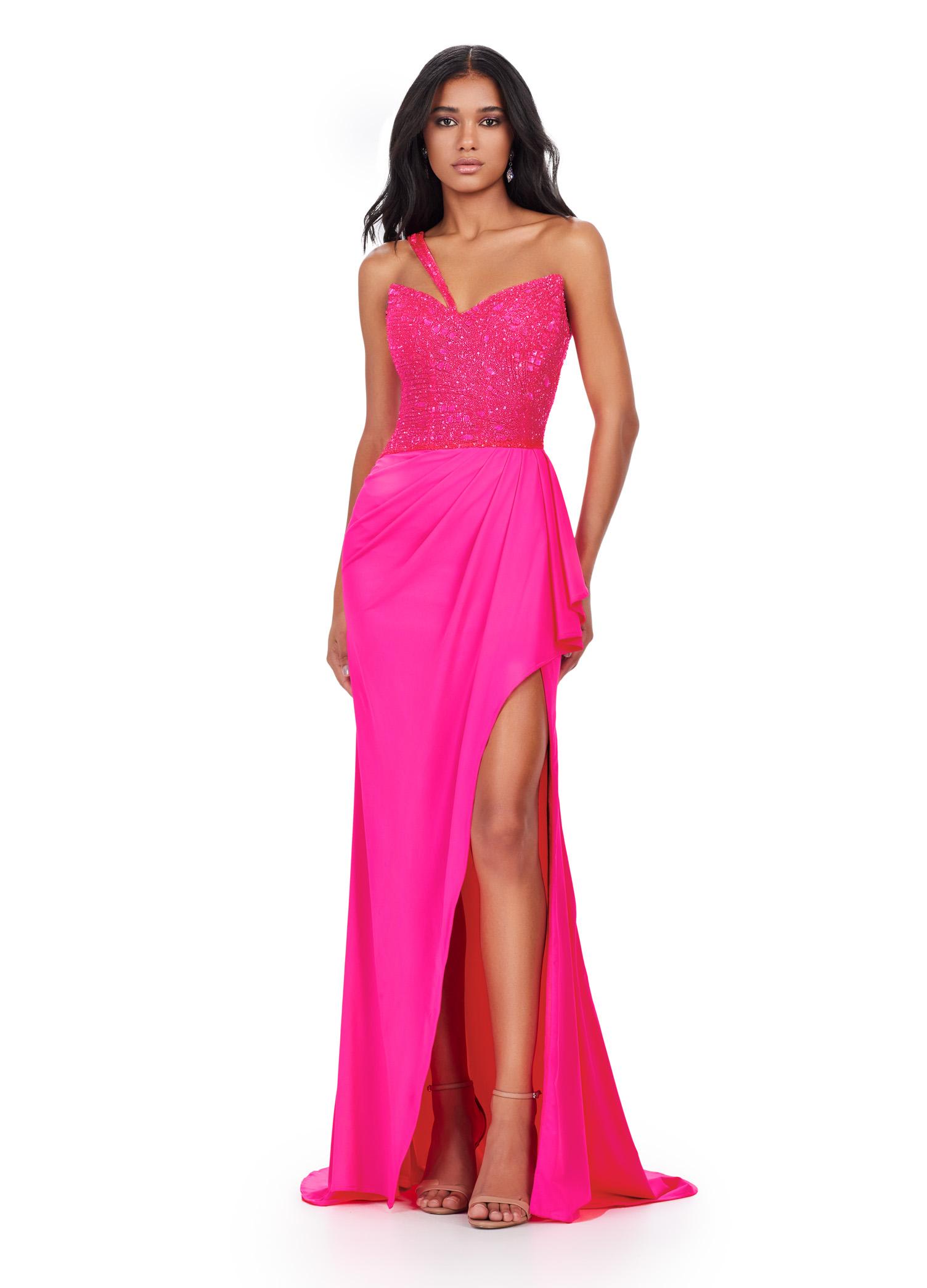 ASHLEYlauren 11454 hot pink one shoulder jersey gown with beaded bodice, ruched wrap skirt, and thigh-high slit