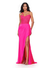 ASHLEYlauren 11454 hot pink one shoulder jersey gown with beaded bodice, ruched wrap skirt, and thigh-high slit