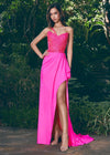 ASHLEYlauren 11454 hot pink one shoulder jersey gown with beaded bodice, ruched wrap skirt, and thigh-high slit