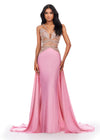 ASHLEYlauren 11455 pink gown with fully beaded bodice, V-neckline, open back, charmeuse skirt, overskirt, and sweep train