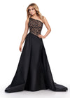 ASHLEYlauren 11456 black one shoulder gown with beaded bustier, open back, and dramatic taffeta skirt and overskirt