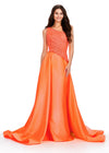 ASHLEYlauren 11456 coral one shoulder gown with beaded bustier, open back, and dramatic taffeta skirt and overskirt