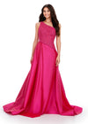 ASHLEYlauren 11456 fuchsia one shoulder gown with beaded bustier, open back, and dramatic taffeta skirt and overskirt