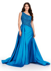 ASHLEYlauren 11456 peacock one shoulder gown with beaded bustier, open back, and dramatic taffeta skirt and overskirt