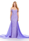 ASHLEYlauren 11458 lilac off shoulder gown with beading, sweetheart neckline, and dramatic taffeta overskirt