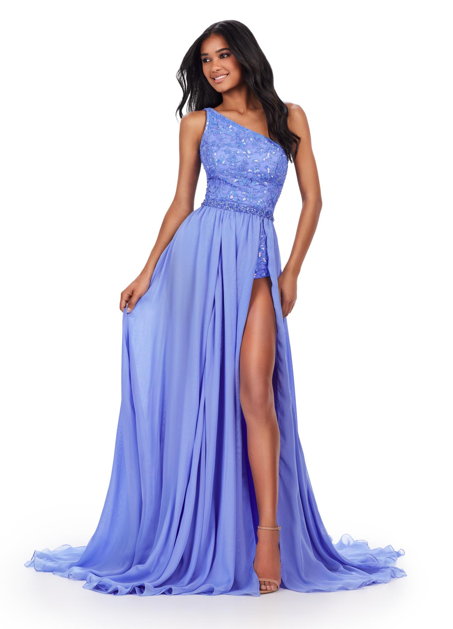 ASHLEYlauren 11460 Periwinkle one shoulder fully beaded bodysuit with detachable chiffon overskirt and high left leg slit