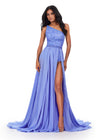 ASHLEYlauren 11460 Periwinkle one shoulder fully beaded bodysuit with detachable chiffon overskirt and high left leg slit