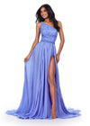 ASHLEYlauren 11460 Periwinkle one shoulder fully beaded bodysuit with detachable chiffon overskirt and high left leg slit