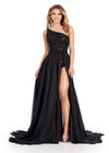 ASHLEYlauren 11460 black one shoulder fully beaded bodysuit with detachable chiffon overskirt and high left leg slit