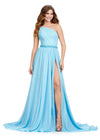 ASHLEYlauren 11460 sky one shoulder fully beaded bodysuit with detachable chiffon overskirt and high left leg slit