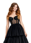 ASHLEYlauren 11462 black tiered tulle ball gown with sheer beaded corset bodice and spaghetti straps