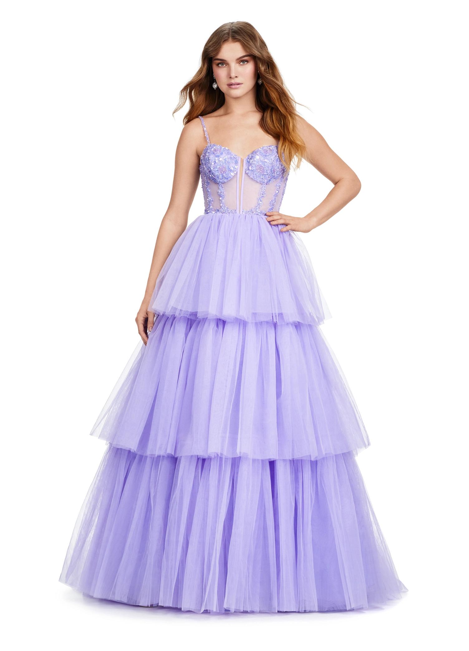 ASHLEYlauren 11462 lilac tiered tulle ball gown with sheer beaded corset bodice and spaghetti straps