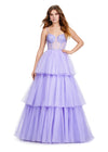 ASHLEYlauren 11462 lilac tiered tulle ball gown with sheer beaded corset bodice and spaghetti straps