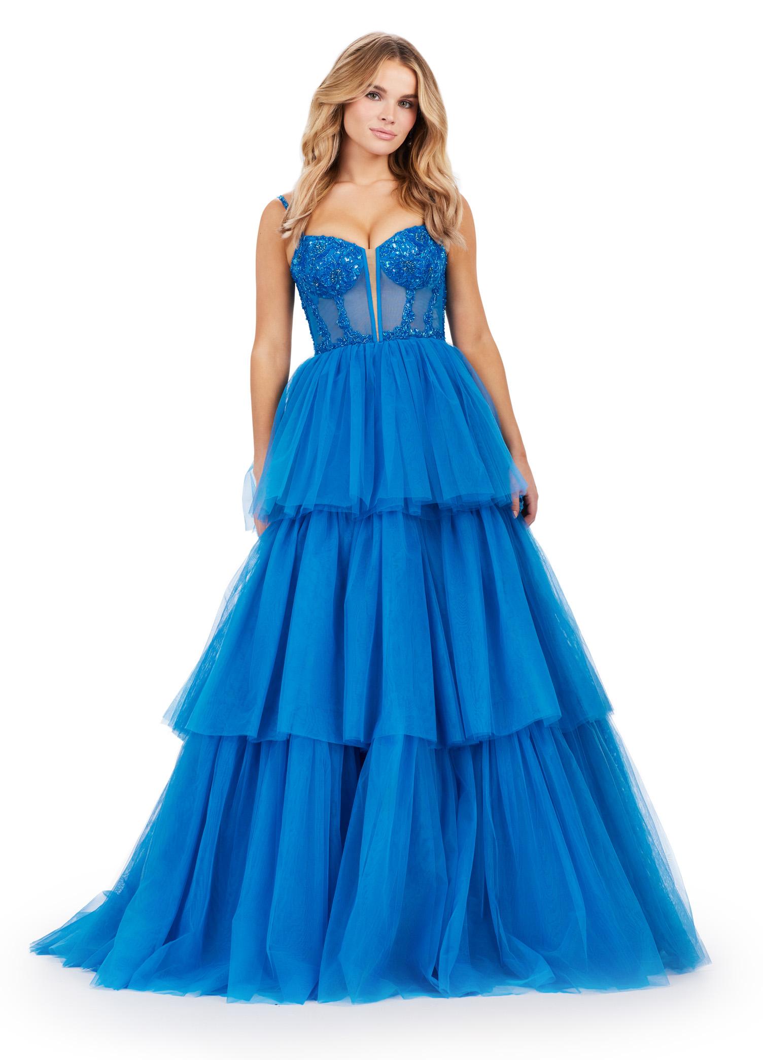 ASHLEYlauren 11462 peacock tiered tulle ball gown with sheer beaded corset bodice and spaghetti straps