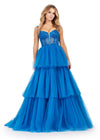 ASHLEYlauren 11462 peacock tiered tulle ball gown with sheer beaded corset bodice and spaghetti straps